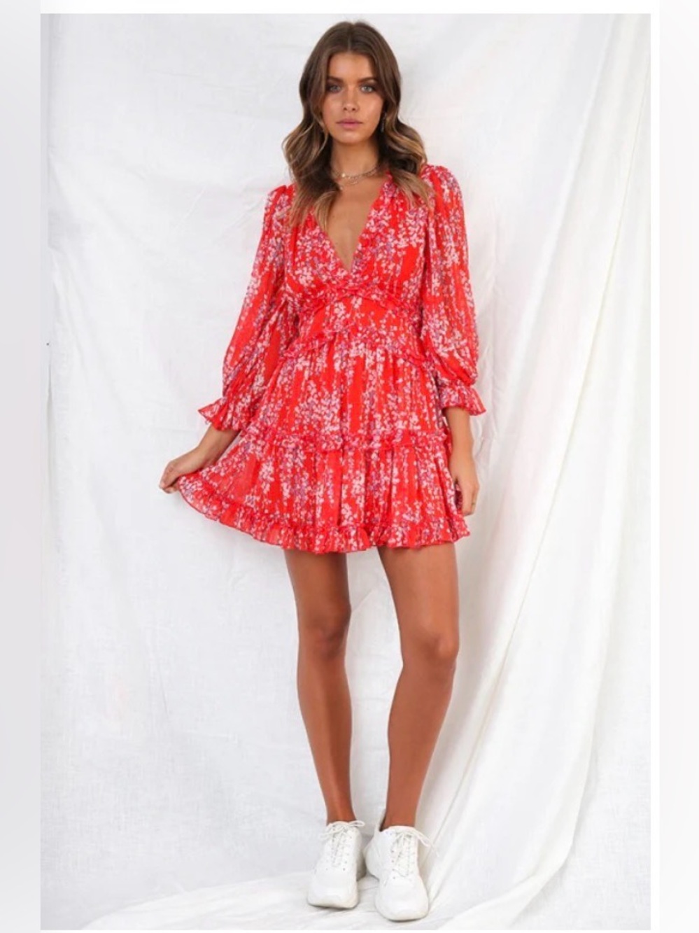 Angel Biba Red Floral Ruffle Mini Dress | Size M
